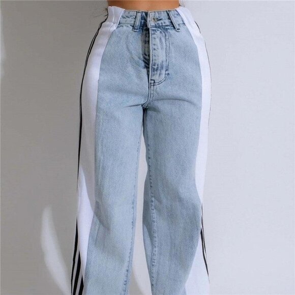 Wide-Leg Green and Black Striped Contrast Denim Jeans – M, L, XL - Picture 4 of 6